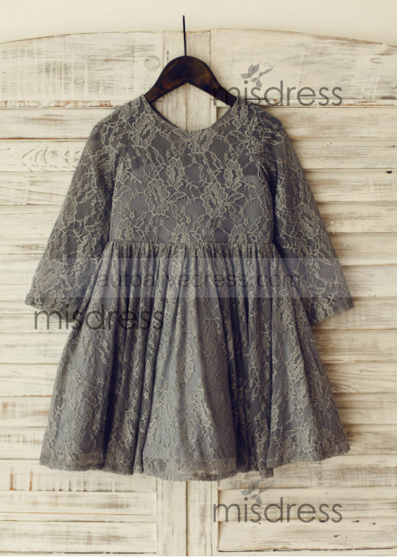 Elbow Sleeves Gray Lace Flower Girl Dress